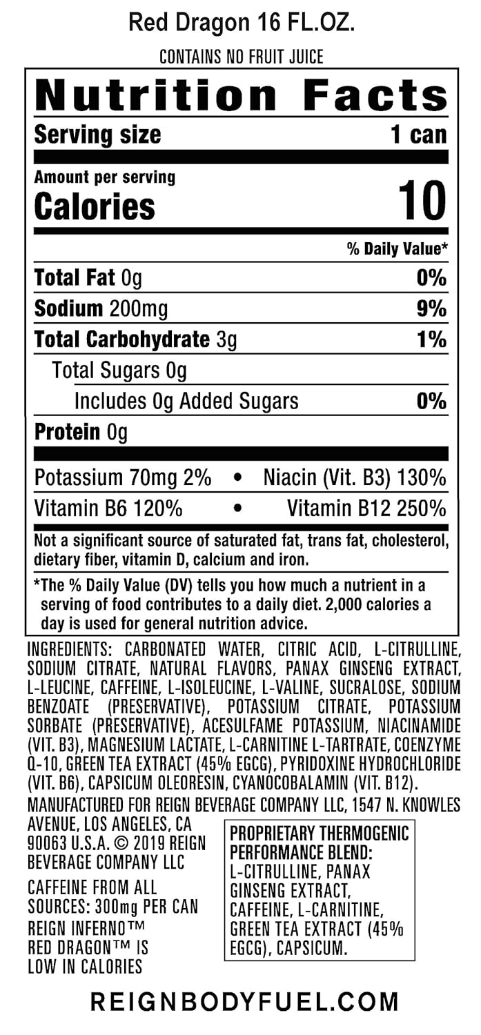Reign Inferno Red Dragon， Thermogenic Fuel， Fitness and Performance Drink， 16 Fl Oz (Pack of 12) - Image 3